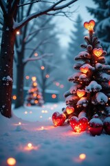 Winter background with glowing hearts, snow-covered trees, and festive decorations for St Valentine's Day and New Year,  hearts,  nature