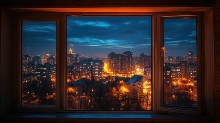 Evening view through a window showing illuminated city buildings