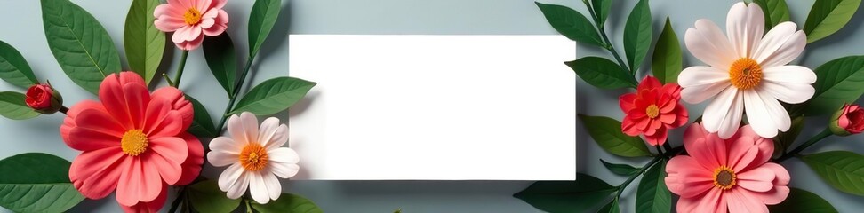 White blank card placed on vibrant paper flowers and lush green leaves against a stylish grey backdrop,  green leaves,  colorful