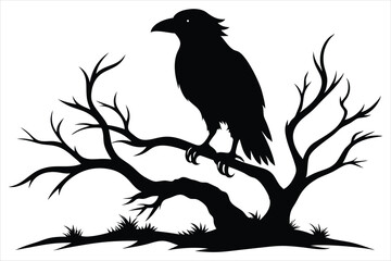 Raven bird silhouette on a dead tree branch