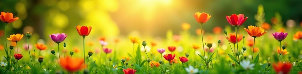 Vivid summer wildflowers blooming in a lush green meadow under the warm sun,  vibrant,  flowers