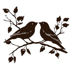 Fototapeta premium Two birds kissing on branch, nature silhouette, white background, romantic art