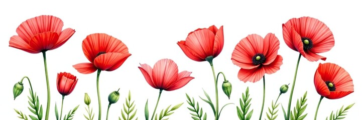 Watercolor red poppy flowers set on white background,  bloom,  garden
