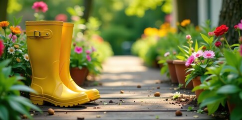 Yellow rubber boots, gardening tools, and flower pots scattered along a rustic wooden pathway in a vibrant spring garden,  flower pots, yellow
