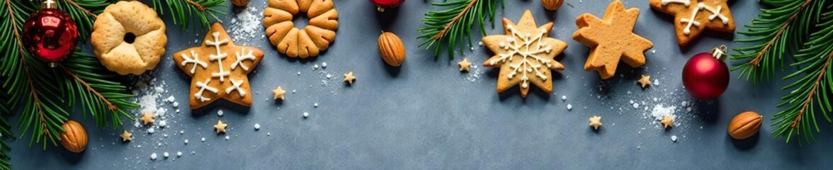 Winter Christmas arrangement with cookies, nuts, spruce branches, and handmade decorations on gray background,  spruce,  handmade