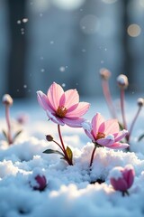 Winter flowers under a blanket of fresh snow, showcasing the delicate beauty of nature in the colder months,  flowers,  beauty