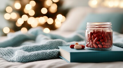 A collection of red and white capsules sits beside an open book on a soft, textured blanket, illustrating the intersection of health, comfort, and leisurely reading moments.