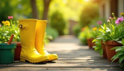 Yellow rubber boots, gardening tools, flower pots on wooden pathway in sunny spring garden,  gardening supplies,  garden
