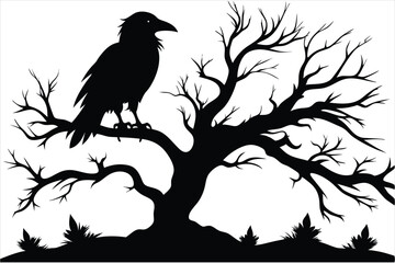 Raven bird silhouette on a dead tree branch