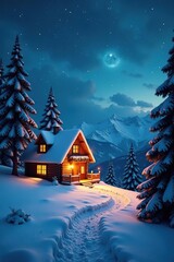 Winter Christmas scene with snow-covered trees, a cozy cabin, twinkling lights, and a starry night sky,  lights,  scene