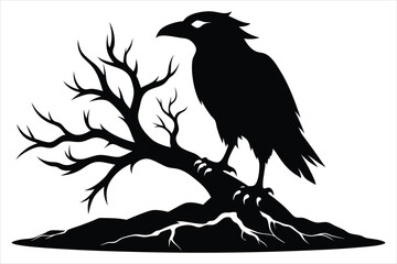 Raven bird silhouette on a dead tree branch