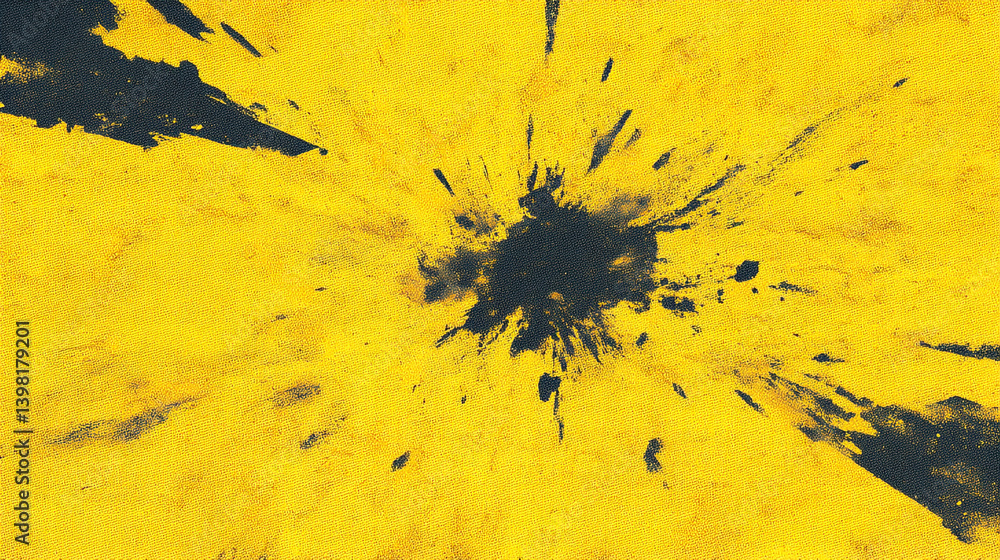 Poster abstract yellow background with a dark splatter in the center and radiating dark lines around it