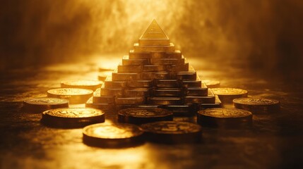 A stack of golden coins arranged in a pyramid shape, glowing under warm light