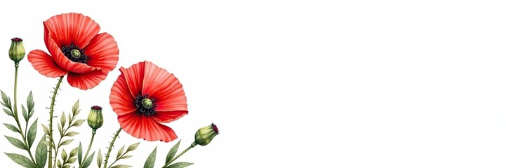 Watercolor vector illustration of red poppy flowers on white background,  decoration,  vector
