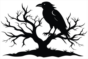 Raven bird silhouette on a dead tree branch