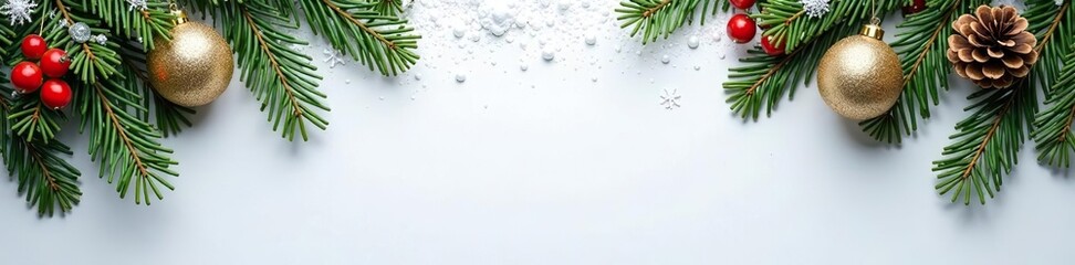 White snowy Christmas background adorned with green fir branches, pine cones, red berries, and shimmering ornaments,  winter, Christmas
