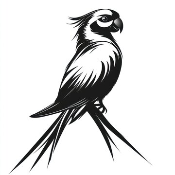 Black parrot vector art, perched, white background, tropical design, logo