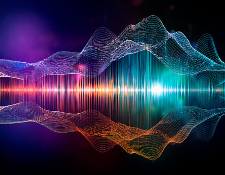 Abstract art expressing sound waves and digital particles in vibrant colors and flowing patterns