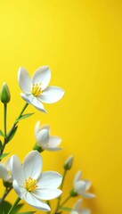 White flowers blossoming against a vibrant yellow spring background, creating a stunning 3D rendering,  colorful,  picturesque