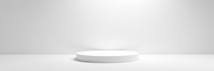 White studio template featuring a round shape pedestal on a simple background with a spotlight product shelf, ideal for advertising purposes 3D rendering, white,  simple background