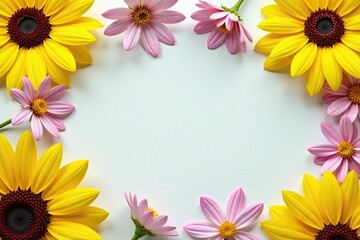 Yellow sunflowers and cosmos arranged in a flat lay postcard style, yellow,  nature