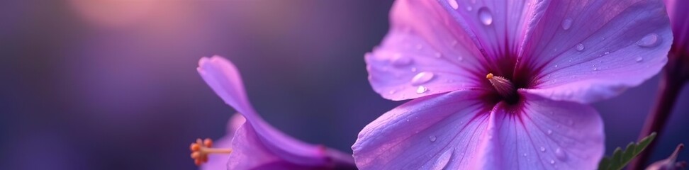 Water droplets glistening on delicate violet flower petals,  close-up,  purity