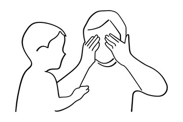 Child Plays Peekaboo With Adult Continuous Line Drawing Simple Illustration Of A Parent And Child Engaging In Playful Interaction