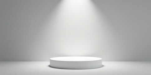 White studio template with a round shape pedestal and spotlight product shelf on a simple background, perfect for advertising 3D rendering,  blank,  spotlight