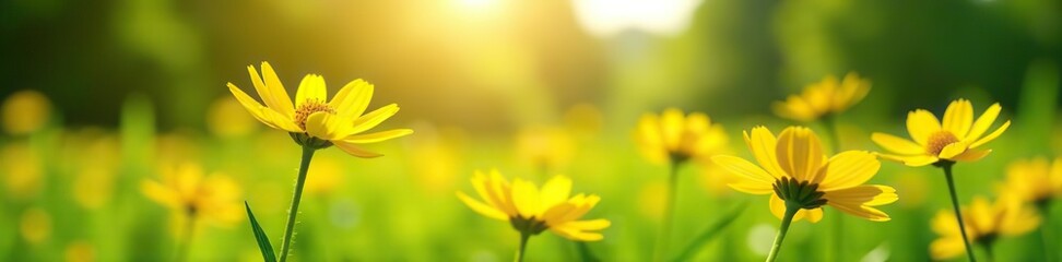 Vivid yellow coreopsis flowers blooming in a lush green field under the sun,  beauty,  sunny