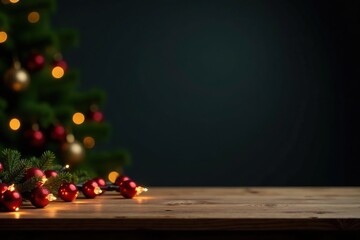 Wood table with product display, adorned with festive Christmas lights against a dark backdrop,  tabletop, wood
