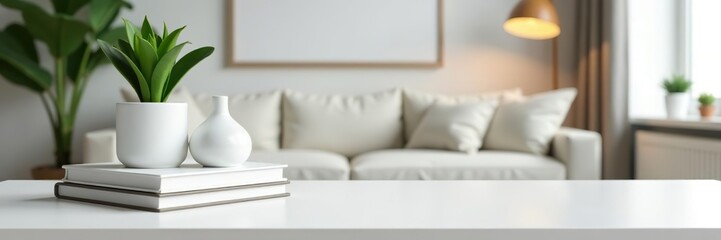 White tabletop with books, decor plants and copy space over blurred living room in background,  interior,  workspace