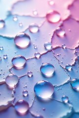 Water droplets glisten on a crumbled pastel color hologram background,  colorful,  texture