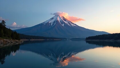 Volcanic mountain glowing in morning light, mirroring on tranquil lake surface,  volcanic,  outdoor