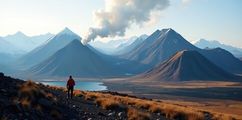 Volcanic mountain range Kerlingarfjoll with sulfur smoke, hikers, Icelandic Highlands, Kerlingarfjoll,  sulfur