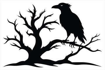 Raven bird silhouette on a dead tree branch