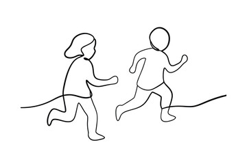 Fototapeta premium Two Children Running One Line Art Continuous Line Drawing Style Minimalist Vector Illustration Concept Childhood Joy And Energy