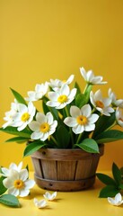 White flowers in a rustic wooden basket surrounded by bright yellow hues, perfect for spring decor,  3D rendering,  fresh