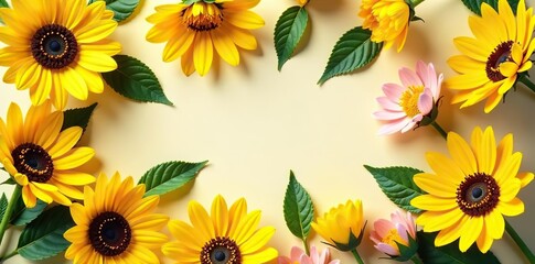 Yellow sunflowers and cosmos flowers arranged in a flat lay postcard style,  colorful,  beauty