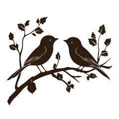 Two birds perched on branch, leafy background, nature design, print