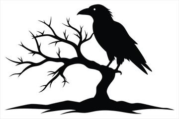 Raven bird silhouette on a dead tree branch