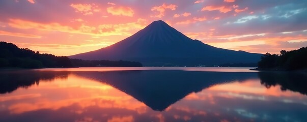 Volcanic mountain towering over peaceful lake at sunrise, casting a striking reflection on serene waters,  mountain,  morning light
