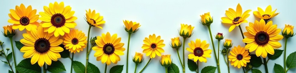 Yellow sunflowers and cosmos flowers arranged in a flat lay postcard style,  petals,  spring