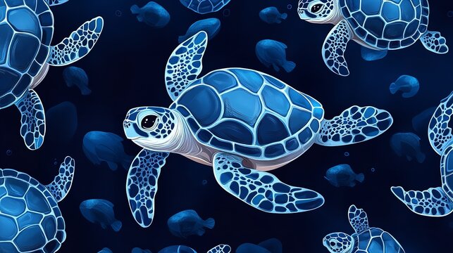 Vector swimming turtles cute seamless repeat pattern