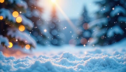 Winter wonderland background with soft blurred white snow, twinkling bokeh lights, and sparkling stars, perfect for product display or digital art design,  product display, winter