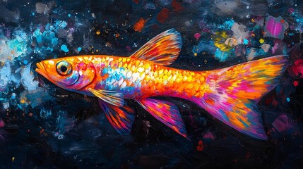Vibrant orange and pink fish painting on dark background.