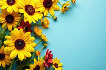 Yellow sunflowers and cosmos flowers arranged in a flat lay postcard-style with local flora, creating a vibrant and colorful display,  vibrant,  local flora