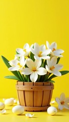 White flowers in wooden basket surrounded by bright yellow spring background, 3D rendering,  fragrant,  floral