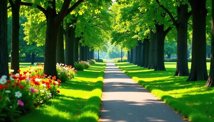 Walking pathway meandering through lush green park with tall trees and colorful flowers,  green,  outdoors