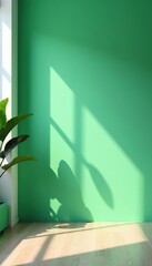 Wall interior background with green and white backdrop, studio setup with leaf shadows, ideal for product presentation,  backdrop,  white