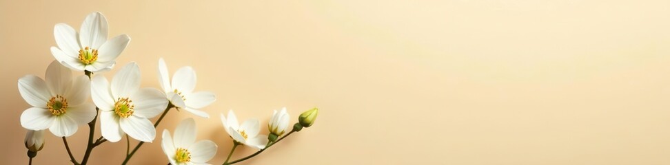 White flowers on beige background with copy space, soft natural light, warm atmosphere,  flowers,  white